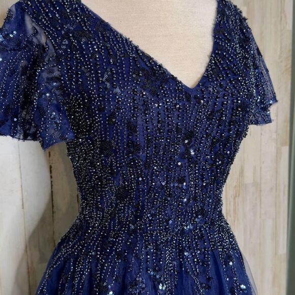 Mac Duggal Midnight Blue Embellished Flutter Sleeve Tea-Length Dress Size 0 NEW! - Picture 3 of 13